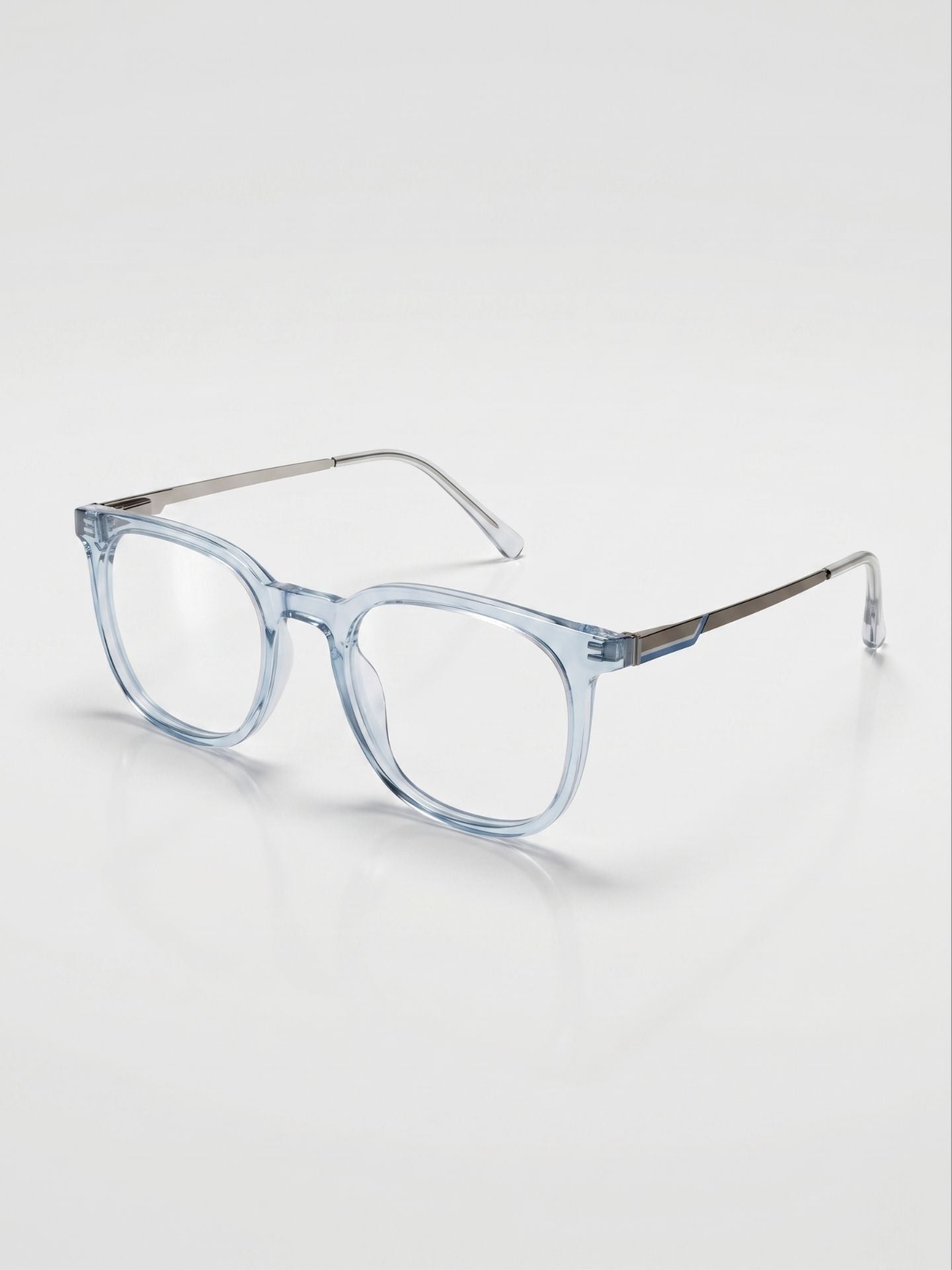 Premium crystal blue optical frame angled view