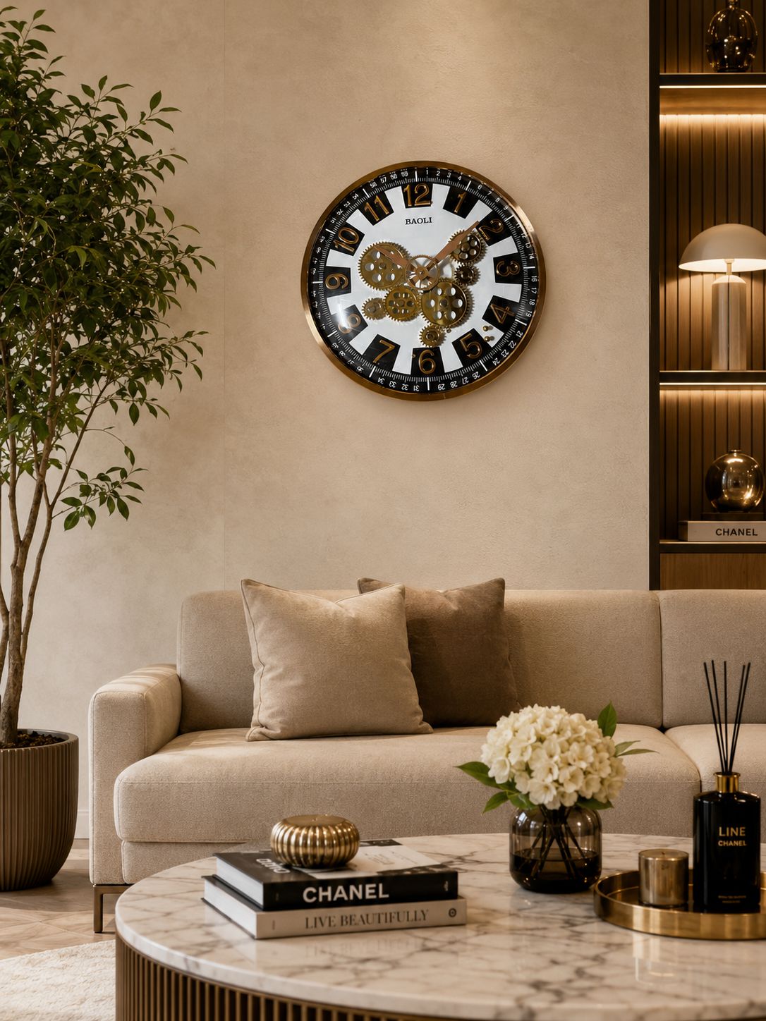 Premium decorative gear wall clock styled in a contemporary luxury living room