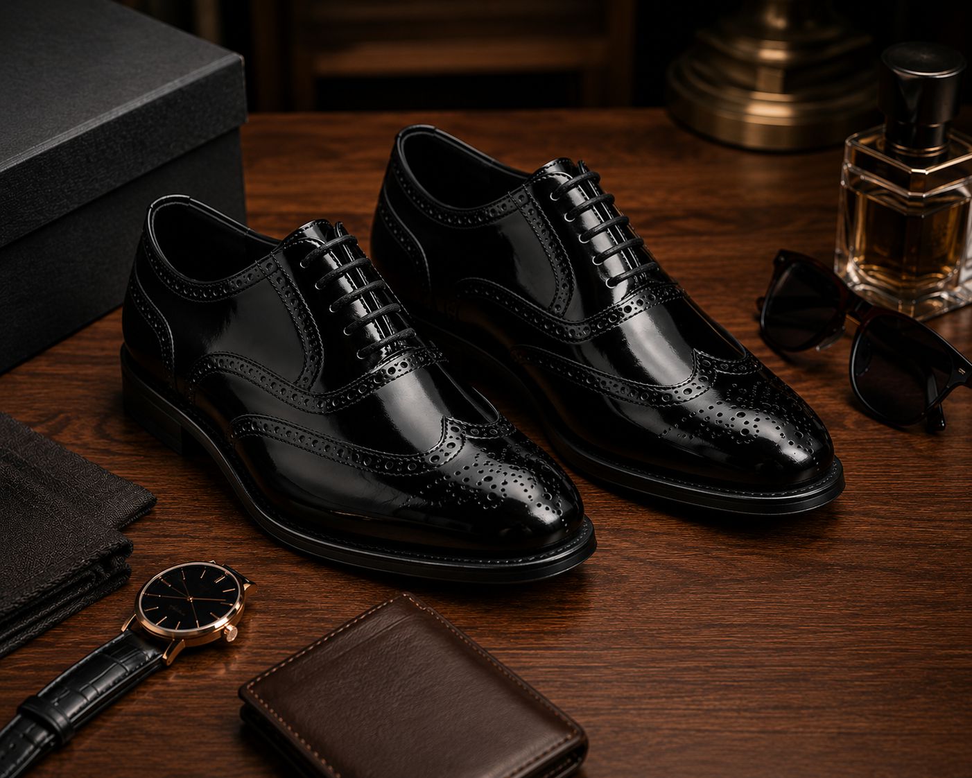 Premium glossy formal shoes pair with brogue detailing