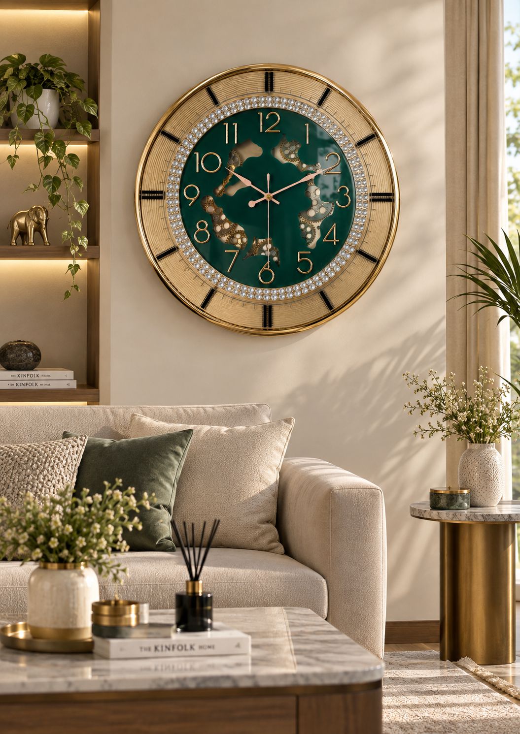 Premium green wall clock with visible working gear mechanism, gold frame, crystal ring and glass dial in luxury living room