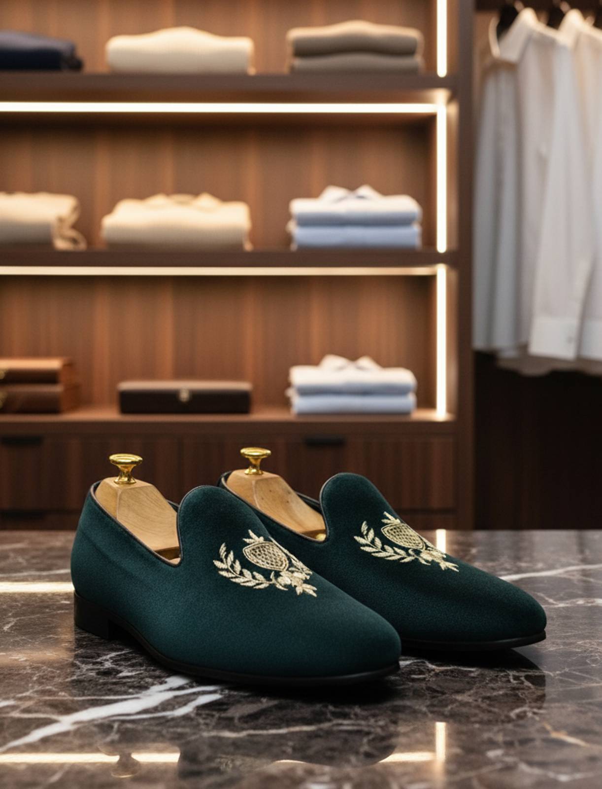 Premium greenish-blue velvet men's loafer shoe with gold embroidered crest logo.