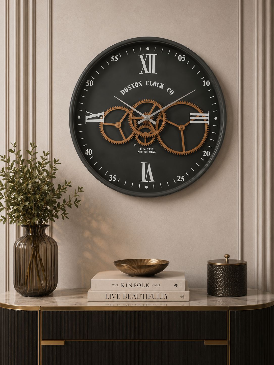 Premium metal moving gear wall clock highlighting silent quartz movement and durability