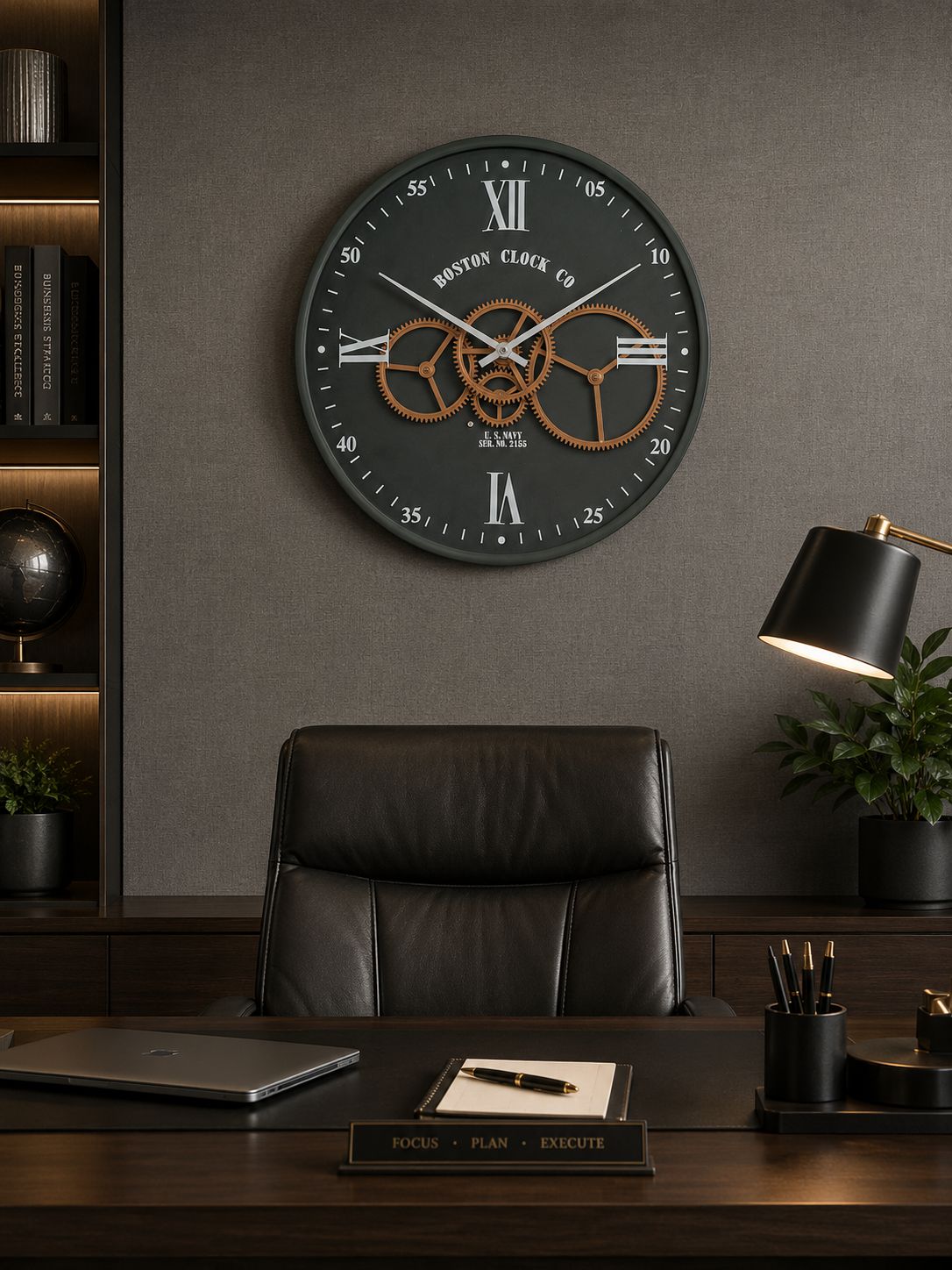 Premium metal wall clock installed in modern executive office interior
