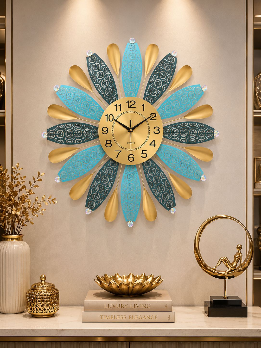 Premium metal wall clock with crystal accents displayed in modern luxury interior