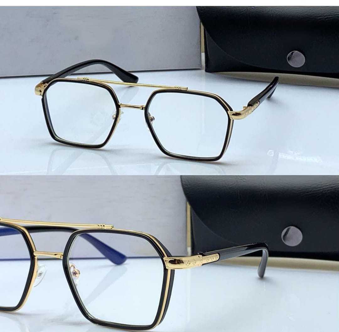 Premium oversized black and gold geometric eyeglasses with clear lenses and carrying case.