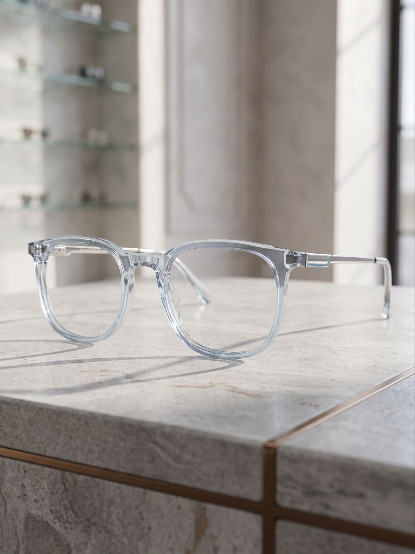 Premium transparent blue eyeglasses lifestyle display
