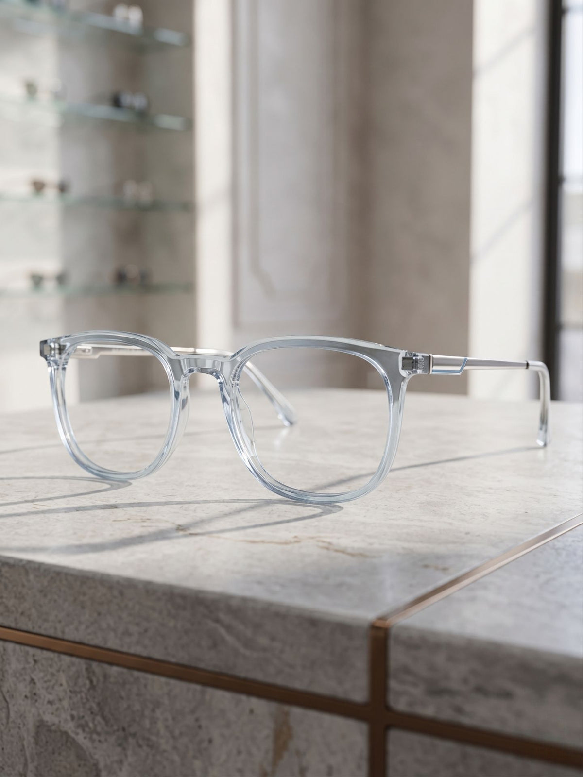 Premium transparent blue eyeglasses lifestyle display