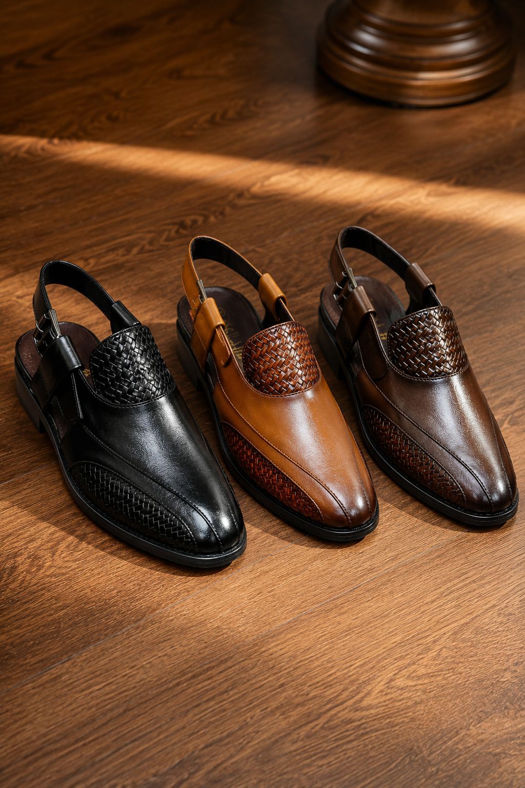 Premium woven Peshawari sandals in black tan and brown colors