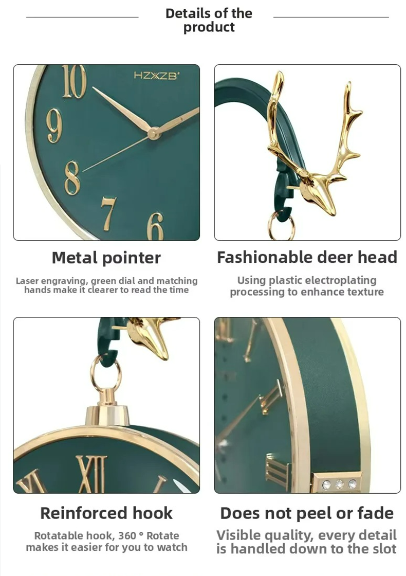 Product details of a green clock with metal pointer and deer head design.