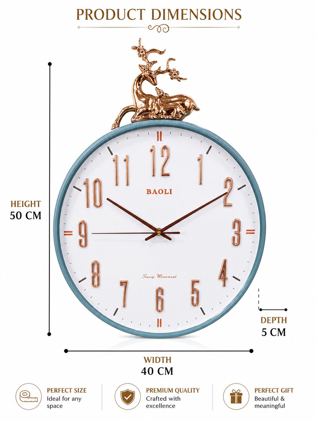 Product dimensions diagram for a Baoli wall clock, showing a round clock with a white face, blue-gray rim, bronze deer figurine on top, and dimension labels for height 50 cm, width 40 cm, and depth 5 cm on a white background.