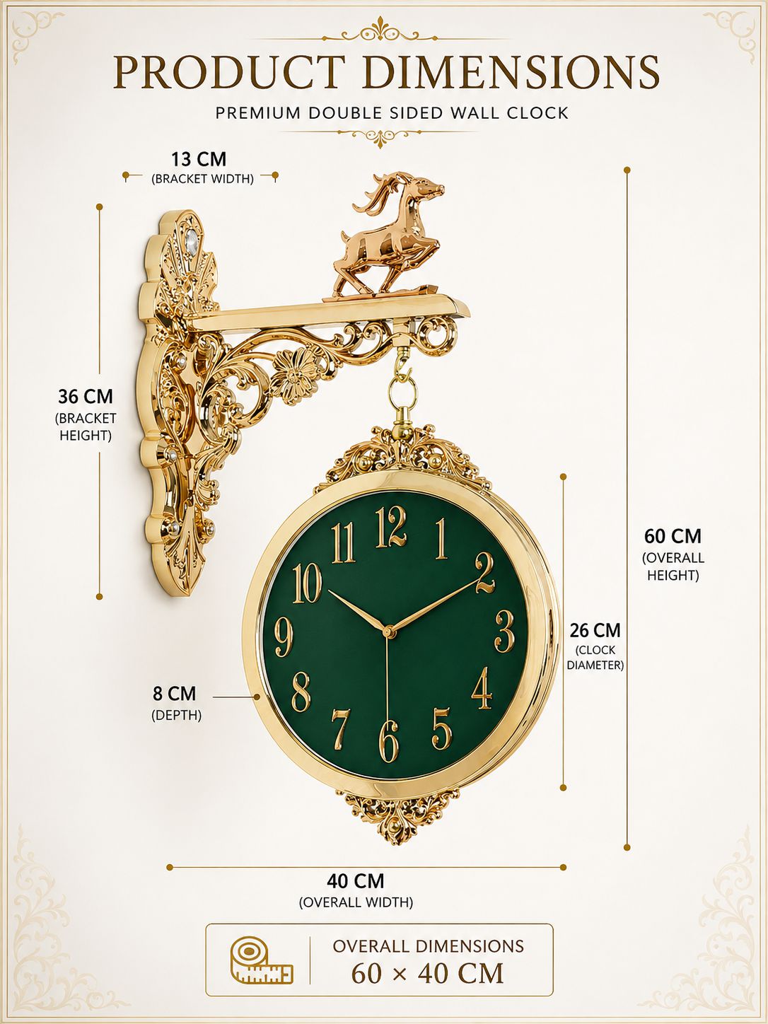 Product dimensions diagram for a decorative wall clock with ornate gold bracket and horse topper, green round face, and measurement labels on a cream background.