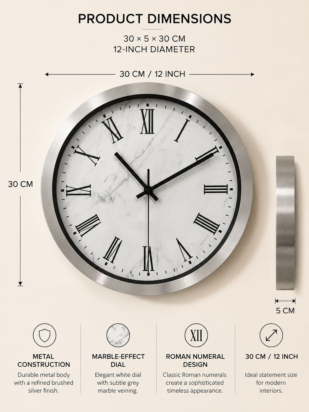Product dimensions diagram for a round wall clock, showing a 30 cm by 30 cm / 12-inch clock with a silver metal frame, white marble-look dial, and black Roman numerals. The image includes dimension labels, a side profile of the clock, and feature icons at the bottom on a light beige background.