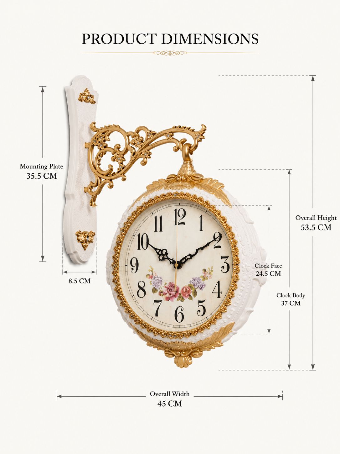 Product dimensions diagram of an ornate wall clock with a white and gold frame, floral clock face, and decorative gold scrollwork mount, showing measurements for mounting plate, clock body, clock face, and overall height and width.