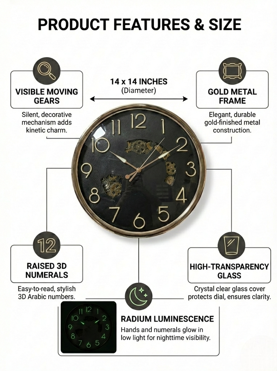 Product features and size of a decorative wall clock with gold metal frame.