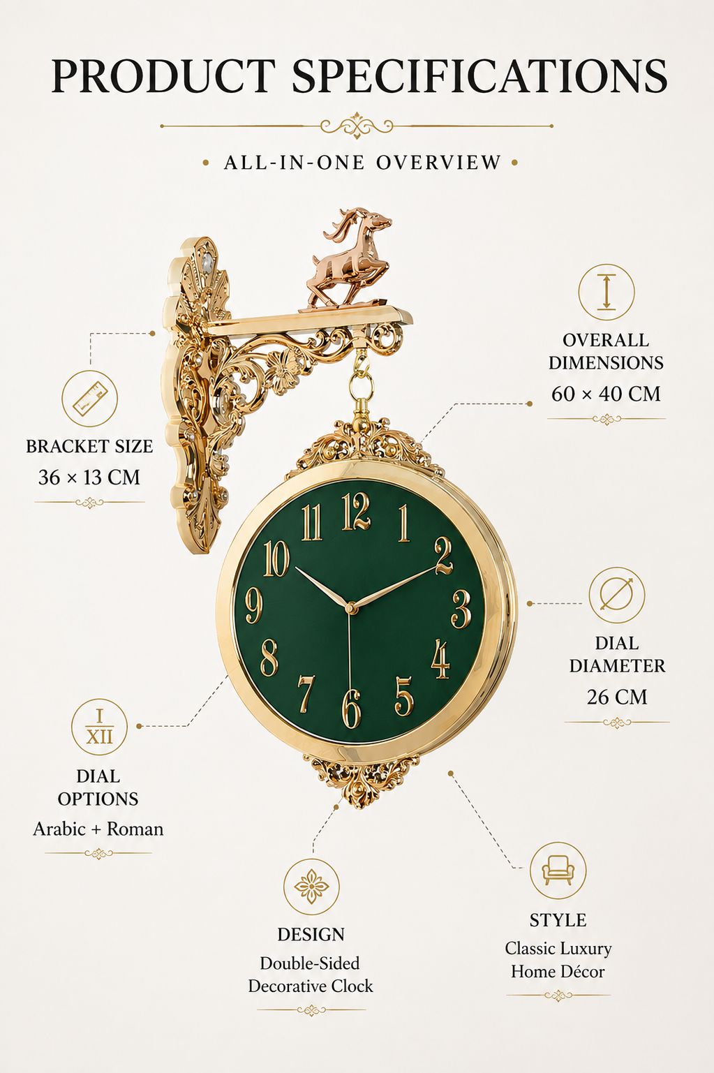 Product specifications infographic for an ornate wall clock, showing a gold-framed decorative bracket and hanging clock with a dark green dial on a light beige background. Text labels indicate overall dimensions, dial diameter, bracket size, dial options, design, and style.