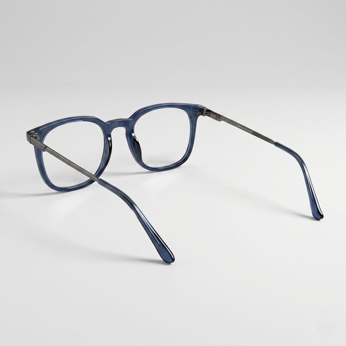 Rear perspective of navy blue transparent eyeglasses