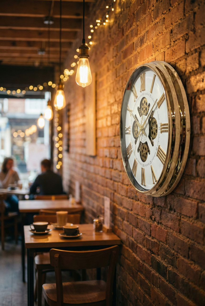 Restaurant interior with a large clock on a brick wall