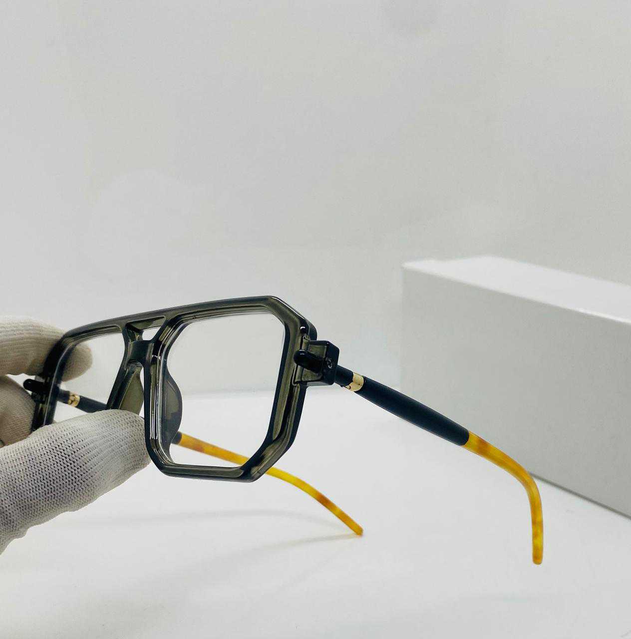 Retro Oversized Square Transparent Eyeglasses – Unisex Fashion Frame with Yellow & Black Temples