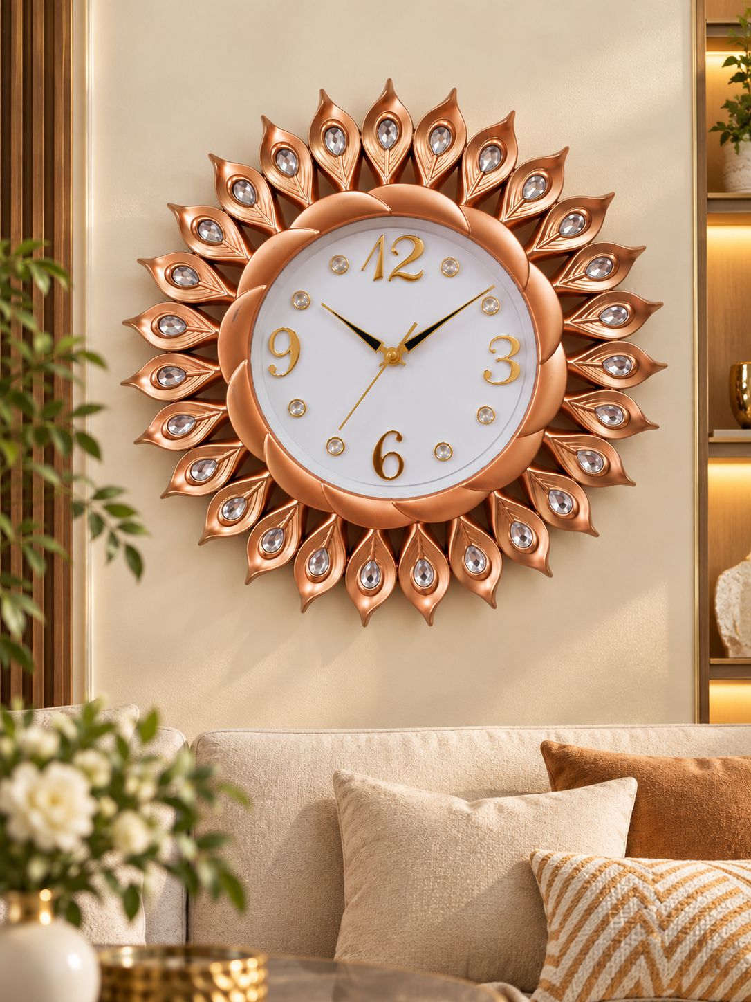 FunkyTradition Sun-Shaped Designer Wall Clock – Gold Decorative Clock with Crystal Details | Black, Golden, Rose Golden & Brown