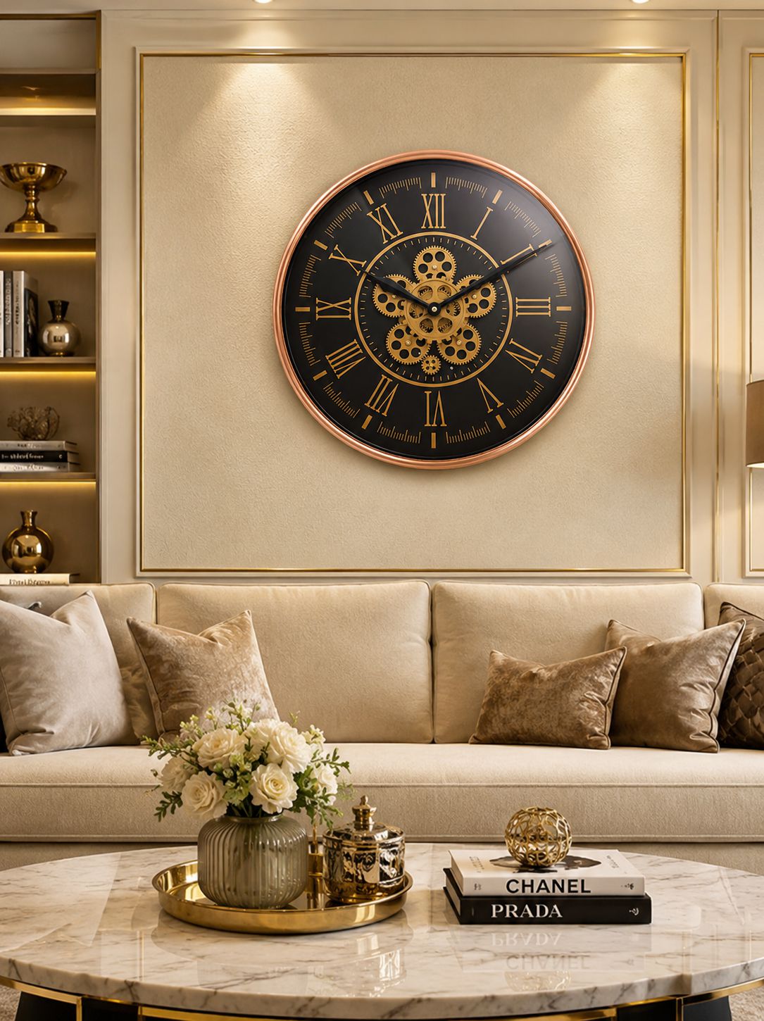 Rose Gold Designer Wall Clock Above Luxury Sofa