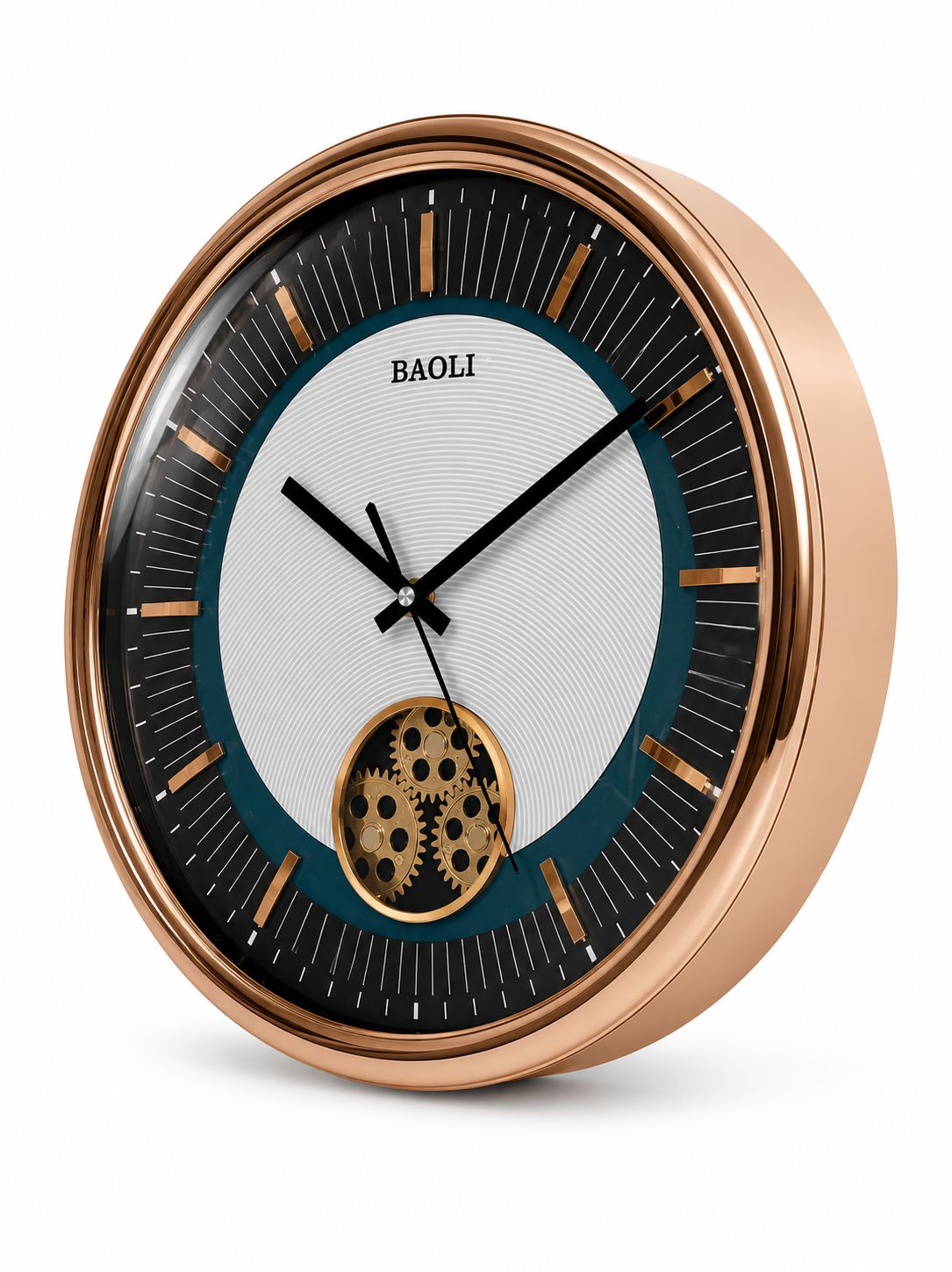 Rose Gold Moving Gear Wall Clock Side Angle View with Glass Front Cover