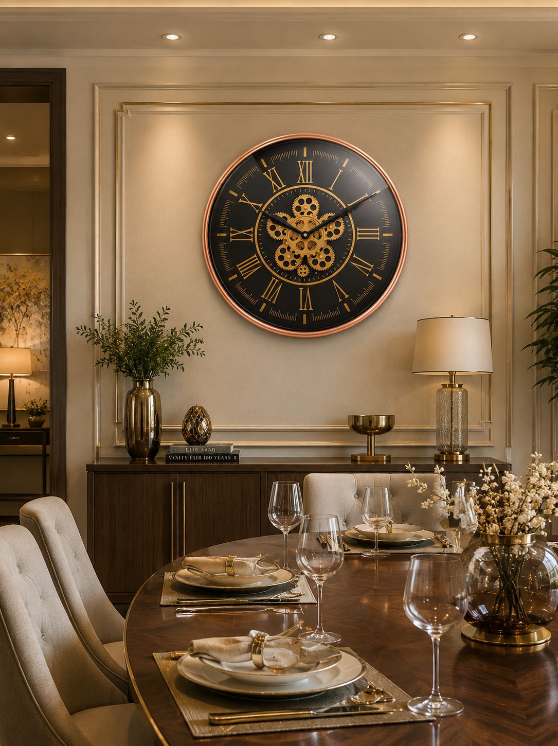 Rose Gold Roman Numeral Metal Wall Clock in Dining Room Interior