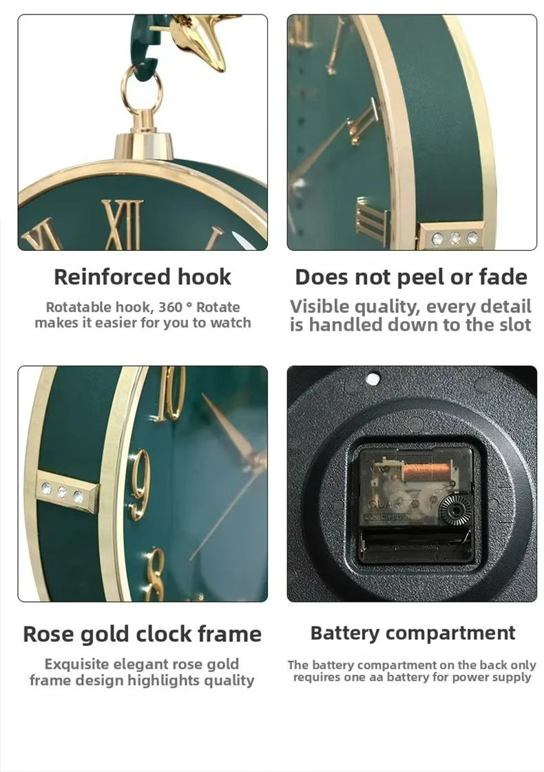 Rose gold clock with detailed features on a white background