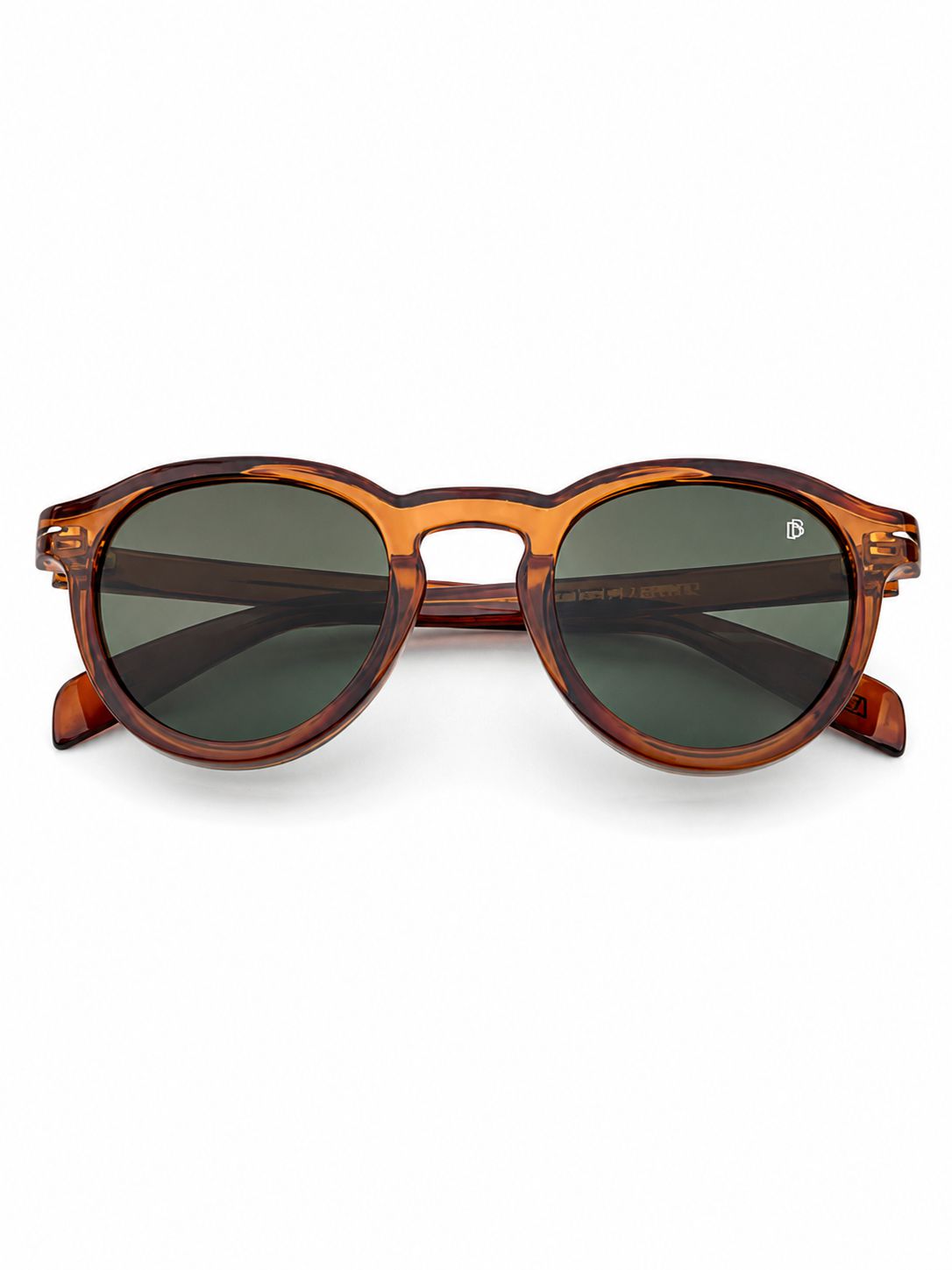 Round sunglasses with a translucent amber-brown acetate frame and dark green lenses, shown from the front on a white background.