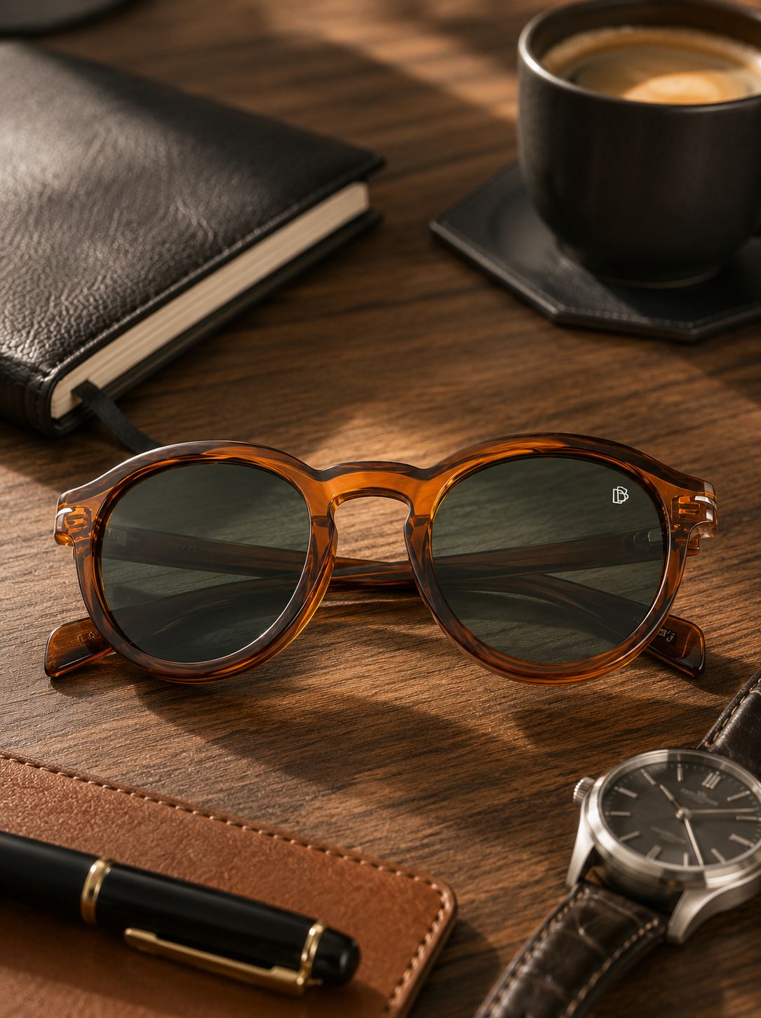 Round sunglasses with a translucent amber-brown frame and dark tinted lenses, styled on a wooden desk with a notebook, coffee cup, pen, and wristwatch nearby.