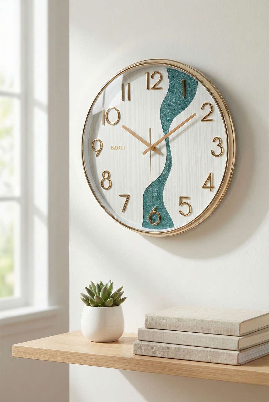 Round wall clock with a decorative design on a white wall, with books and a plant on a wooden surface below.
