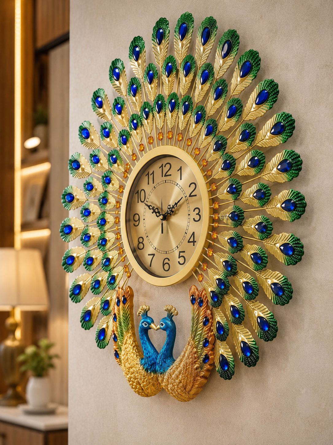 Royal dual peacock metal wall clock with ceramic peacock sculpture and blue crystal accents