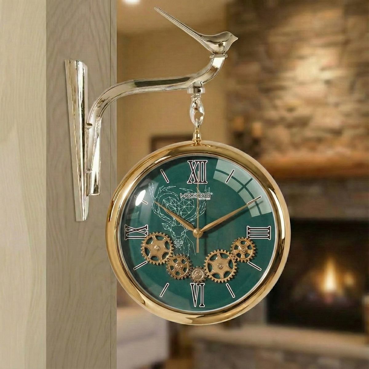 Royal green dial station clock double sided with decorative gears and gold frame.