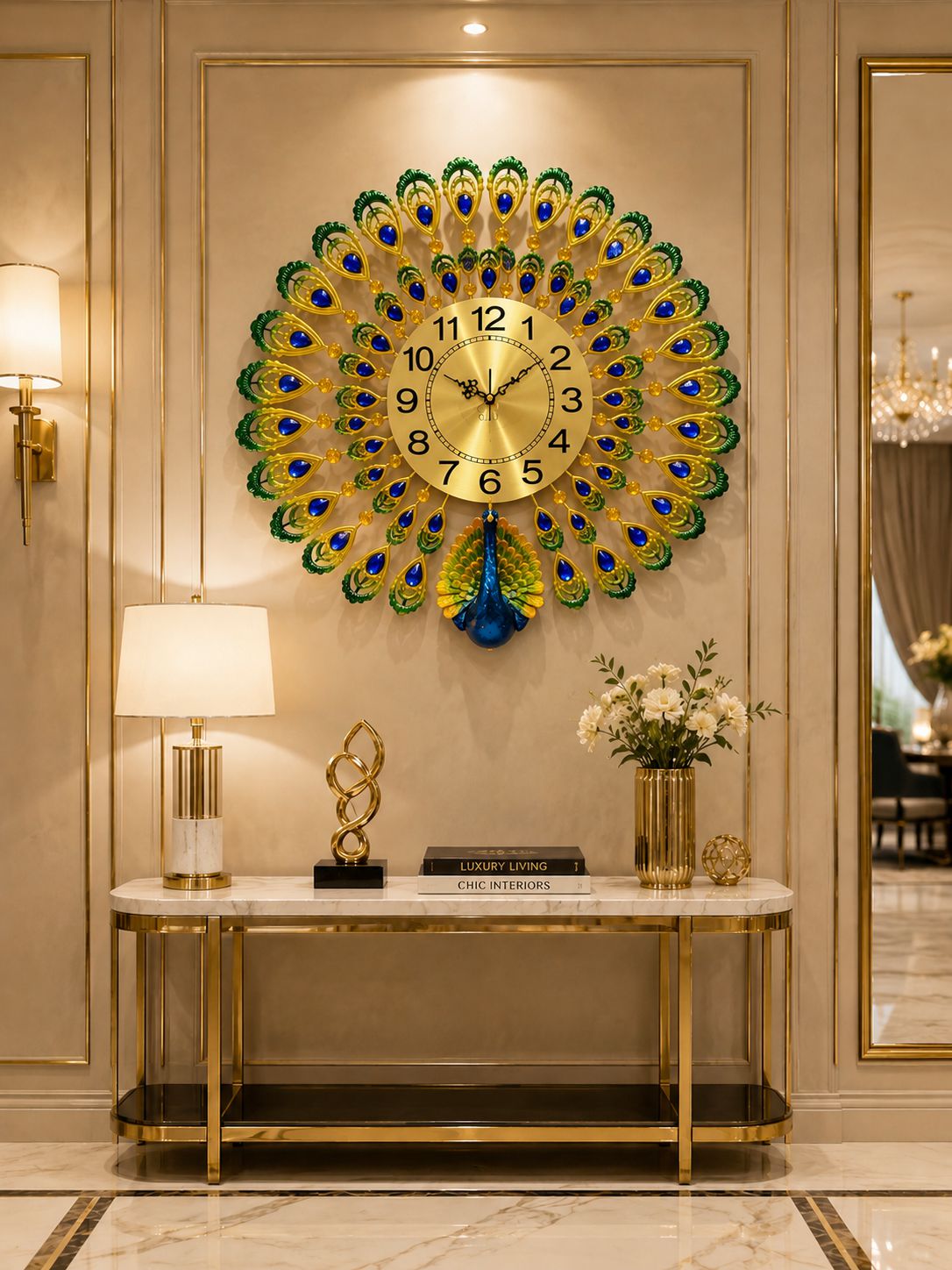 Royal peacock decorative wall clock displayed above luxury console table