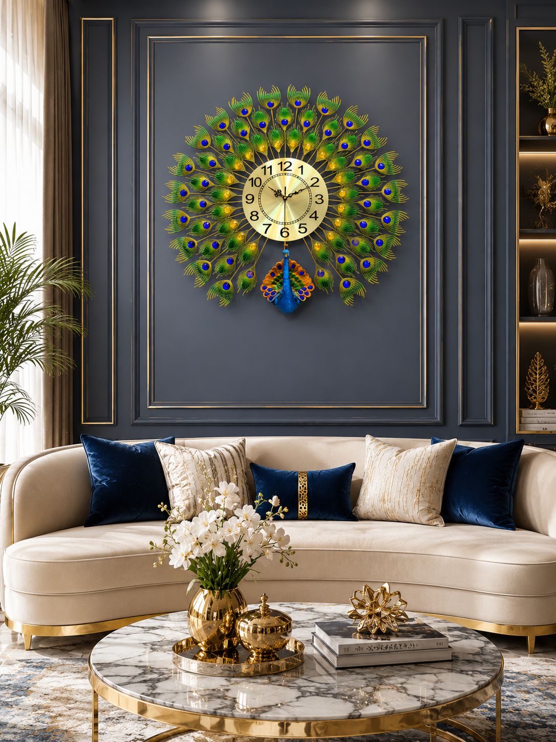 Royal peacock wall clock displayed in luxury entrance foyer with designer console