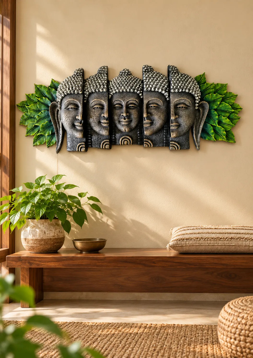 Five-Face Buddha Wall Art with Green Leaf Accents – Antique Stone Finish Decorative Wall Sculpture | FunkyTradition