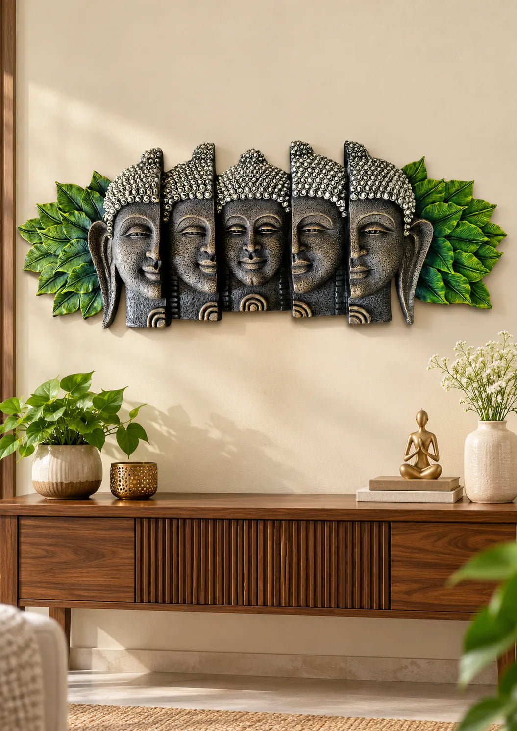 Five-Face Buddha Wall Art with Green Leaf Accents – Antique Stone Finish Decorative Wall Sculpture | FunkyTradition