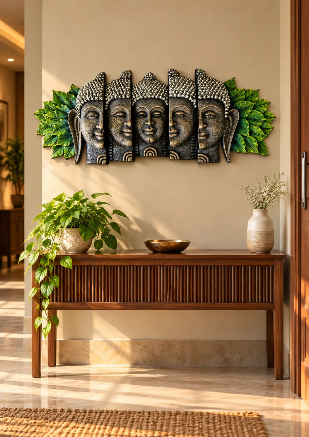 Five-Face Buddha Wall Art with Green Leaf Accents – Antique Stone Finish Decorative Wall Sculpture | FunkyTradition