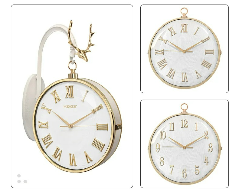 Set of three clocks with gold Roman numeral design on a white background