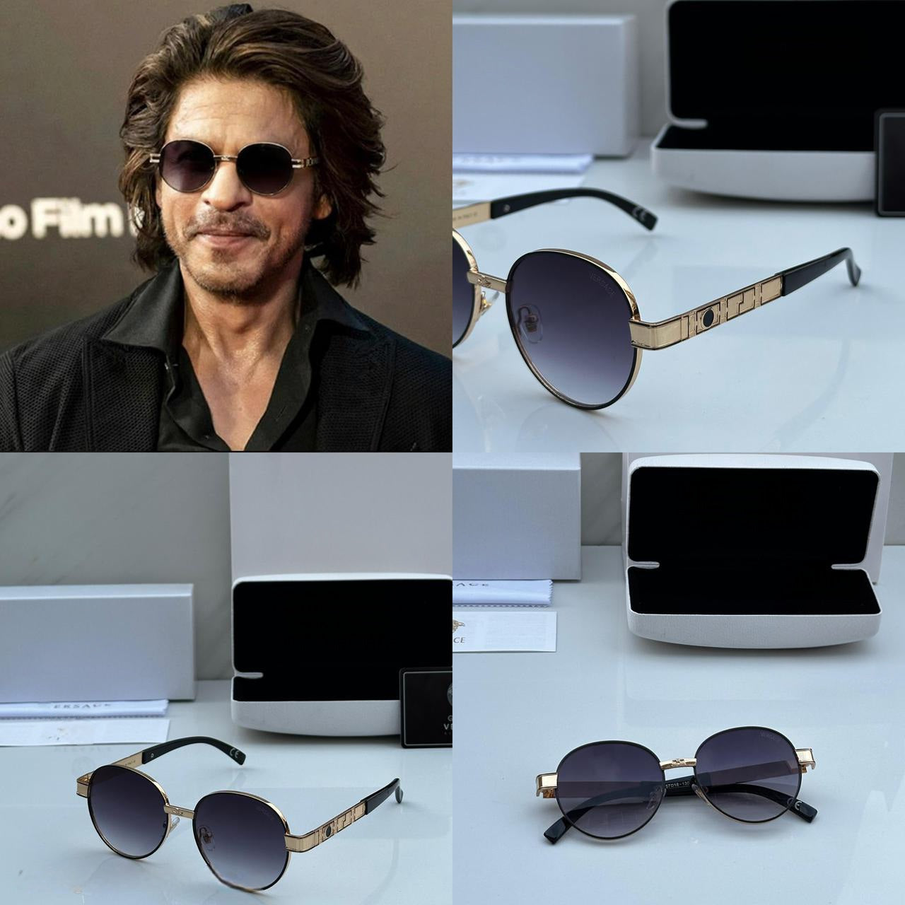 Shahrukh Khan (SRK) wearing similar Round Gold Frame Sunglasses - Product images showing front, back, and case.