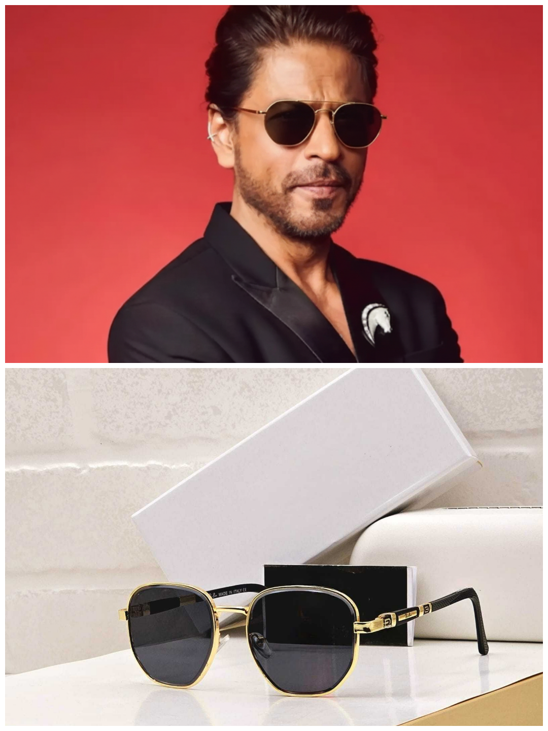 Shahrukh Khan in a black suit wearing Golden Hexagon Aviator Sunglasses