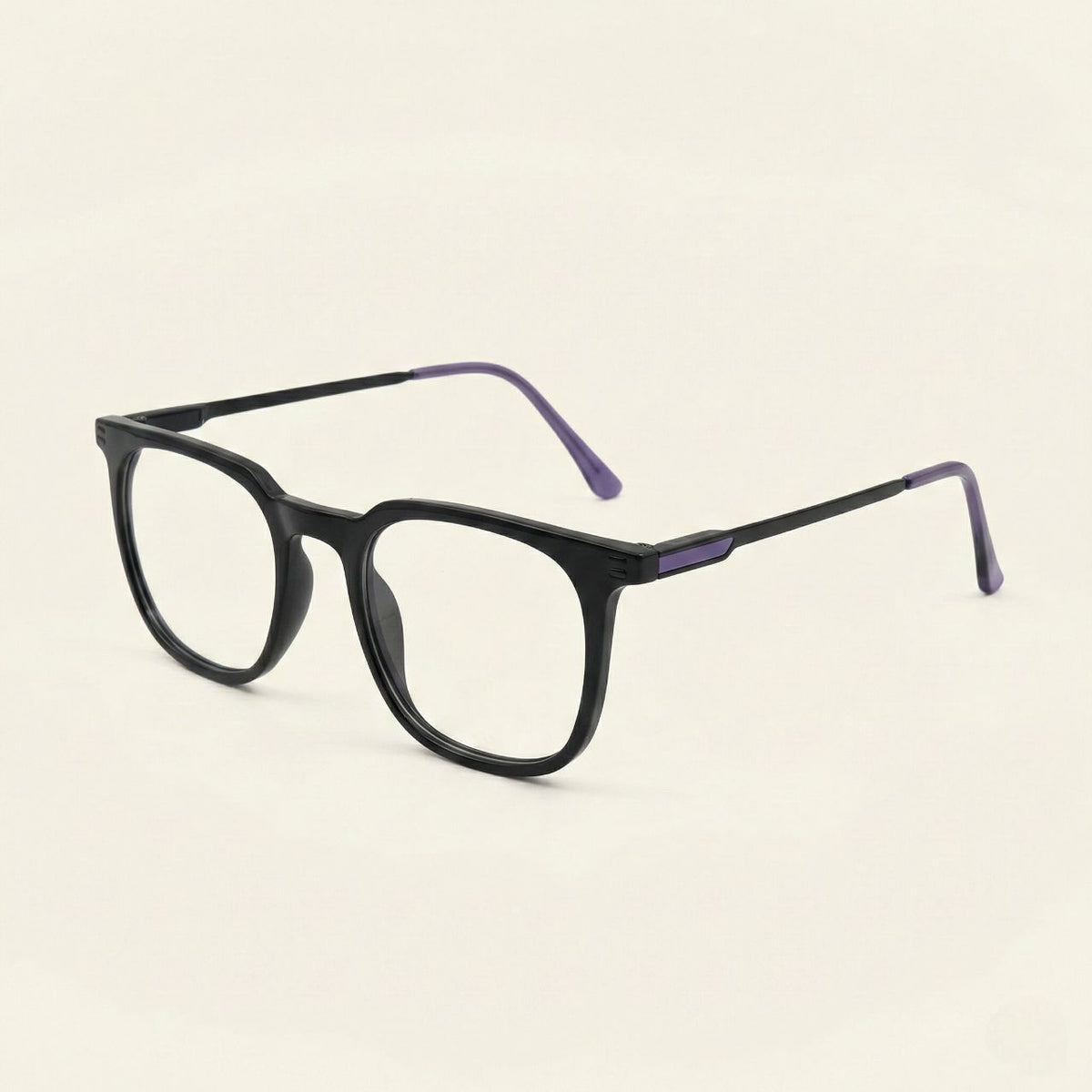 Side angle view of black square eyeglasses with stylish purple temples
