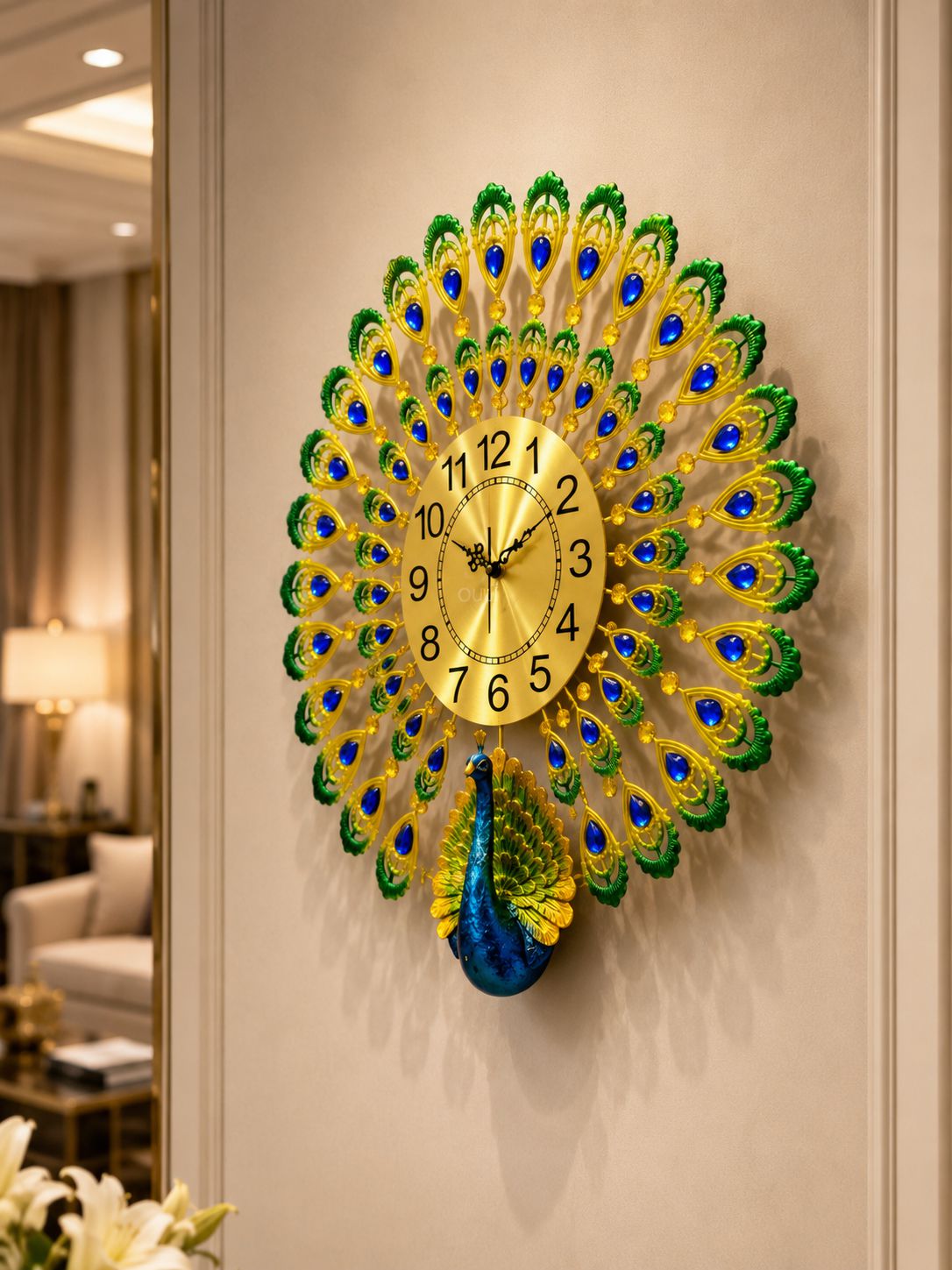 Side angle view of luxury peacock wall clock showcasing layered metal feather design