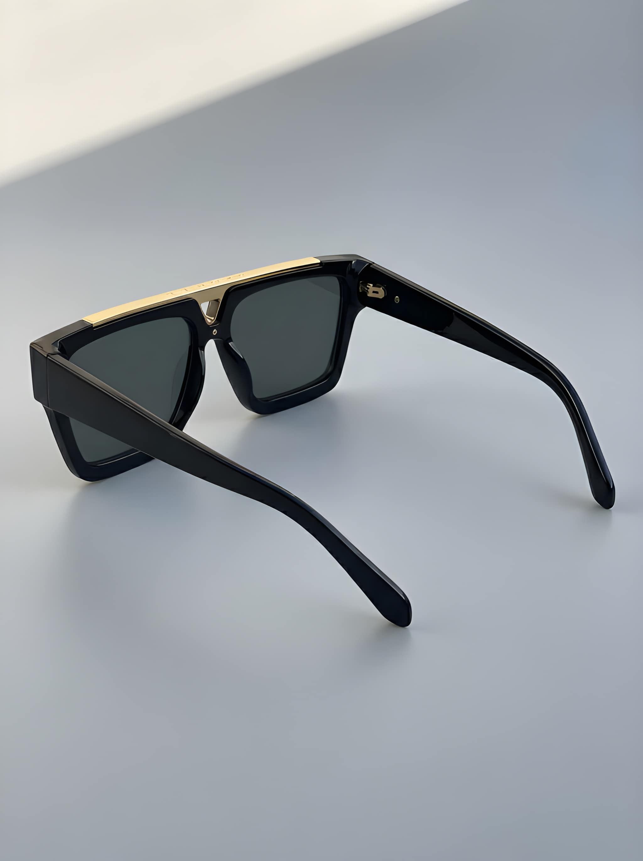 Side angle view of premium black designer-inspired sunglasses for men and women