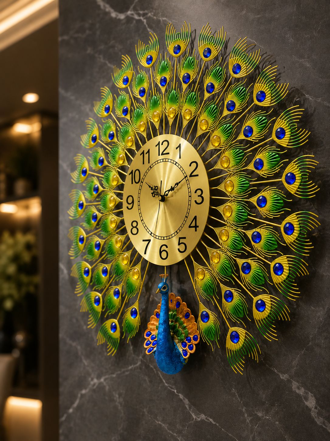 Side perspective view of premium peacock wall clock showing layered metal feather design