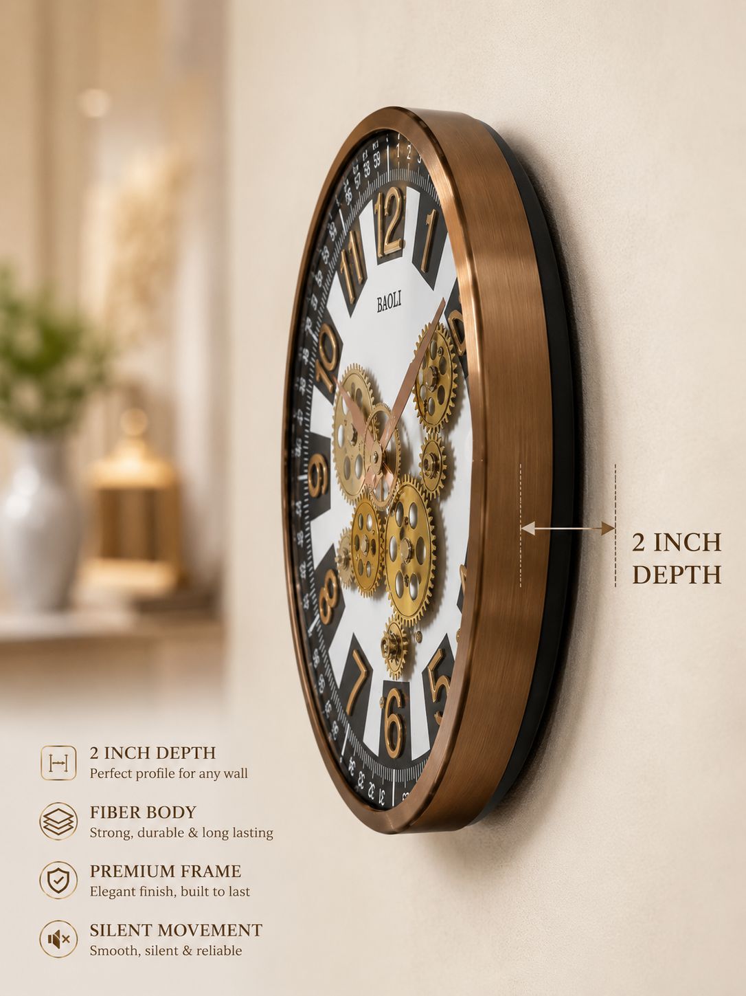 Side profile of luxury fiber body wall clock highlighting 2 inch depth