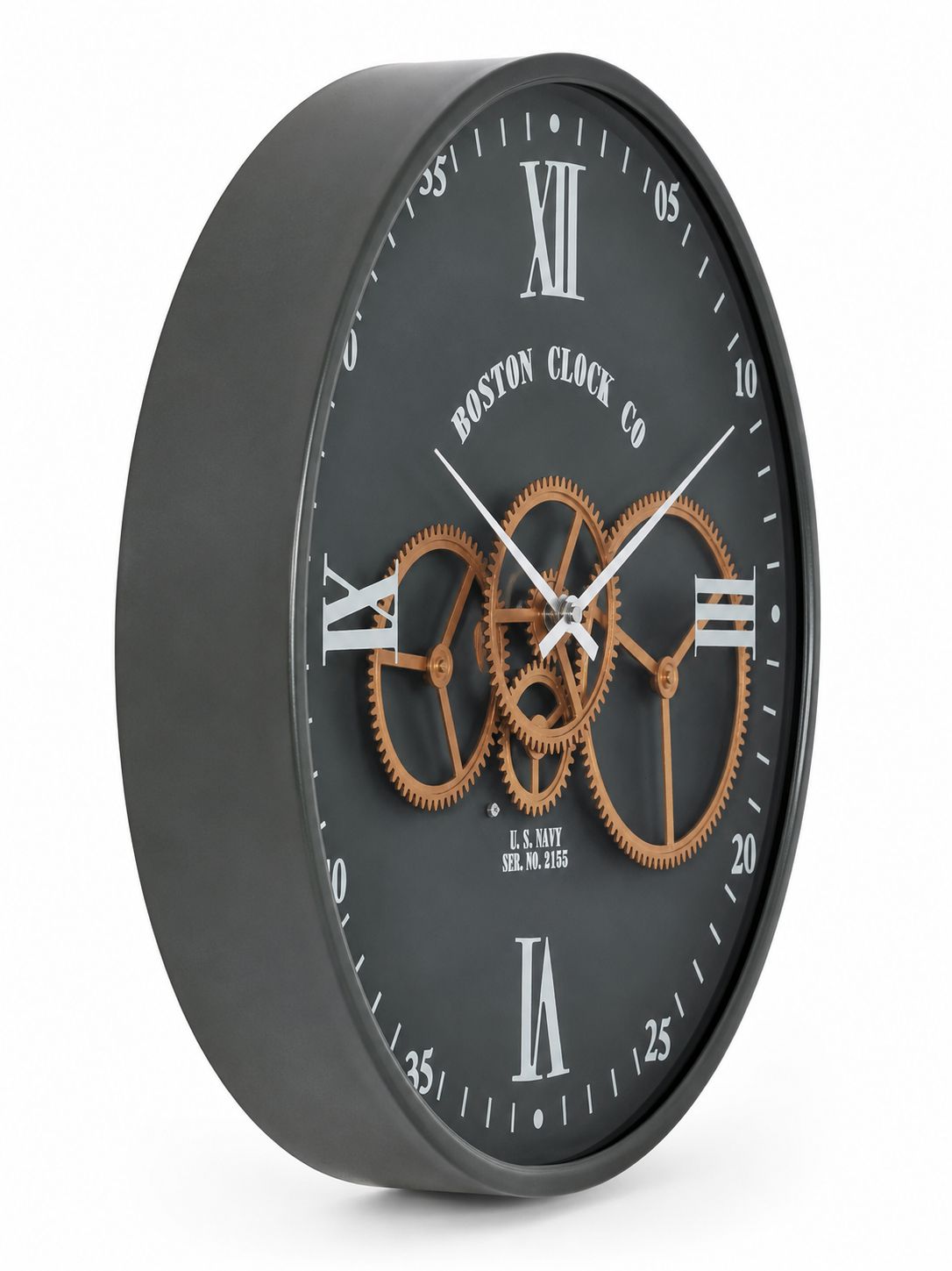 Side profile view showing 10 CM depth of metal moving gear wall clock