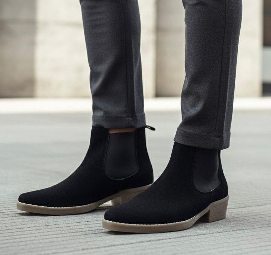 Side view of Black Genuine Suede Ankle Boot elastic panel for easy slip-on