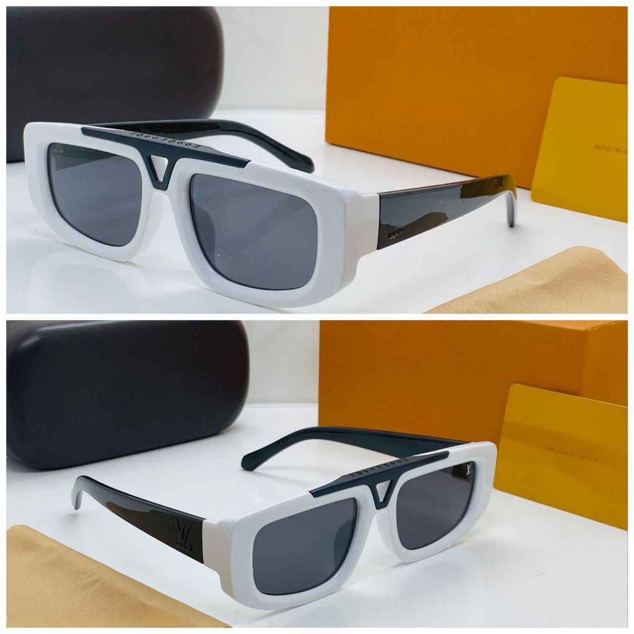 Side view of the bold white sunglasses showing the black temple and the thick frame profile.