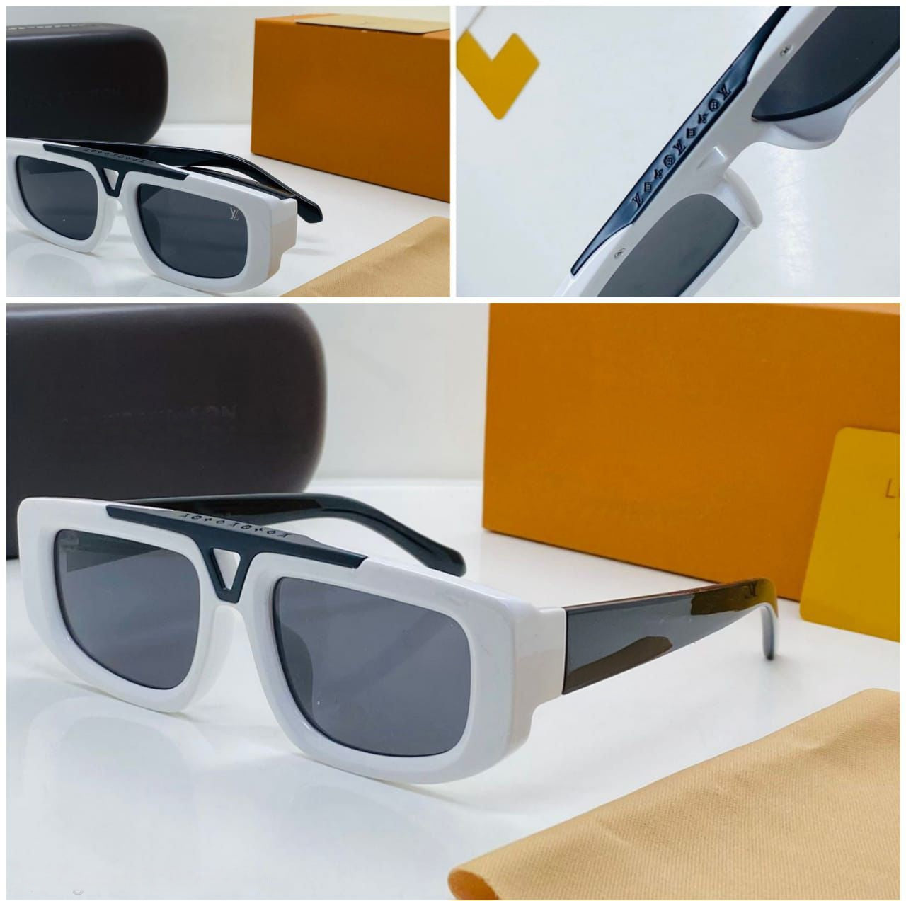 Side view of the bold white sunglasses showing the black temple and the thick frame profile.