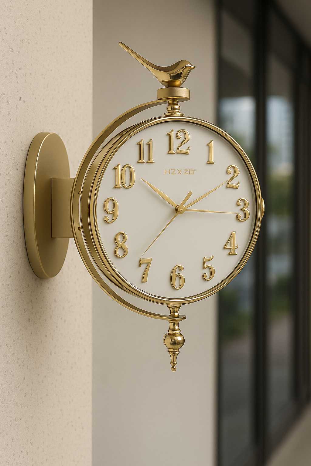 Silent luxury wall clock with bird top design close-up view